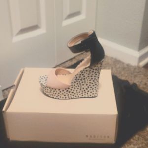 Black polka dot and peach wedge size 8